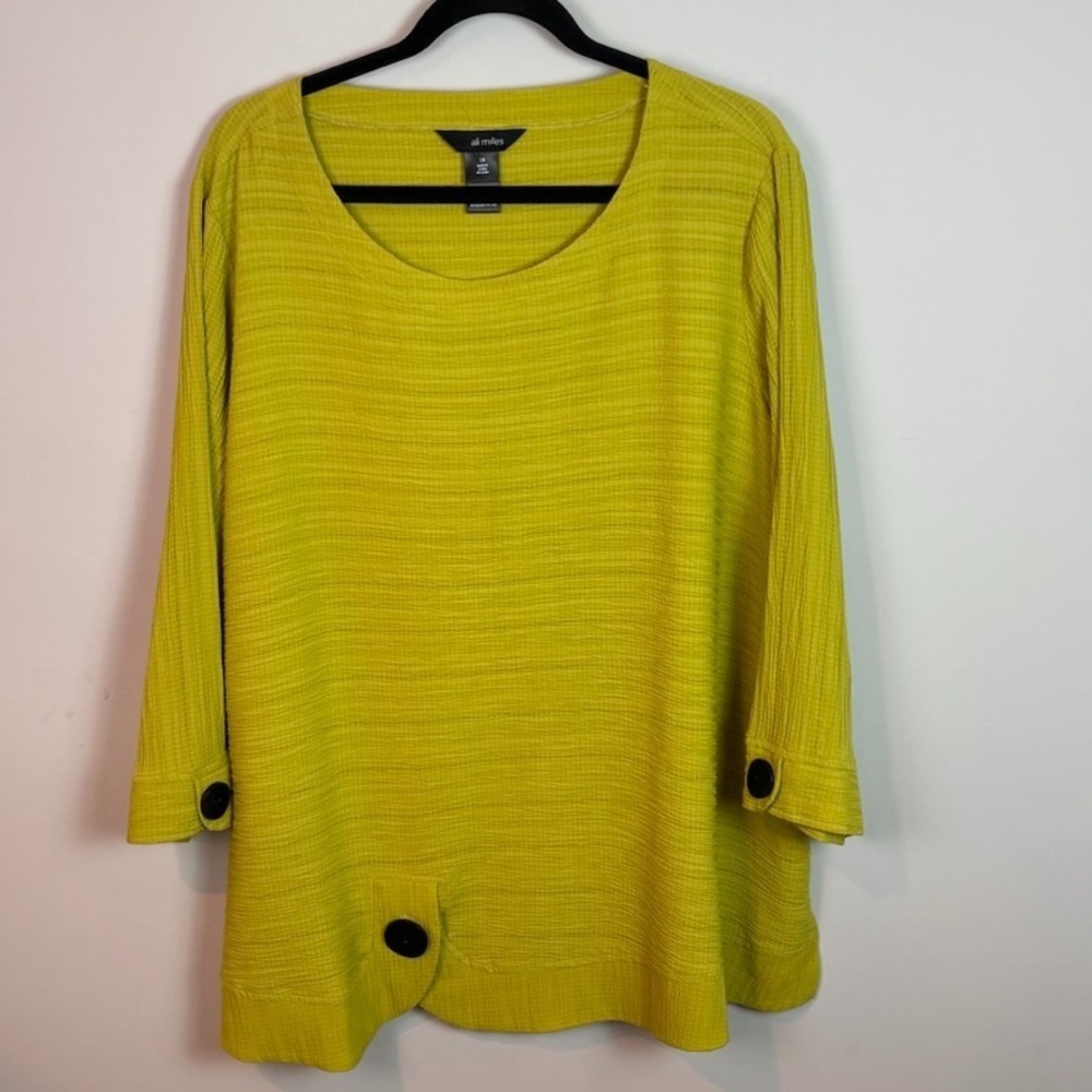 ali miles Womens Green crinkle Tunic Button Detail Boho Lagenlook Artsy Top 1X